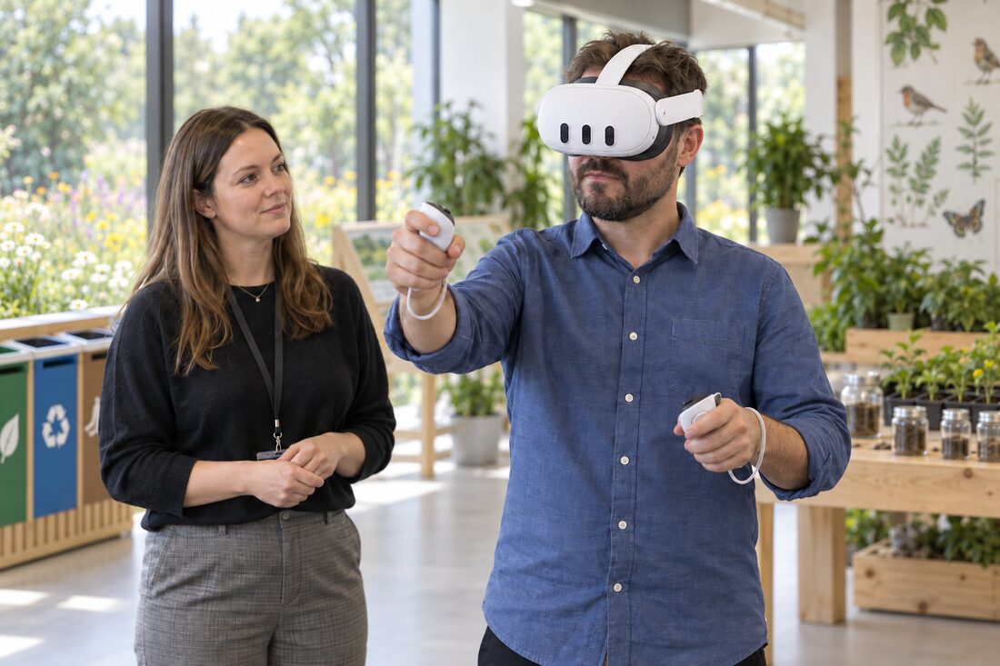 A learner wearing a VR headset in a plant-filled space near recycling bins, with a trainer observing