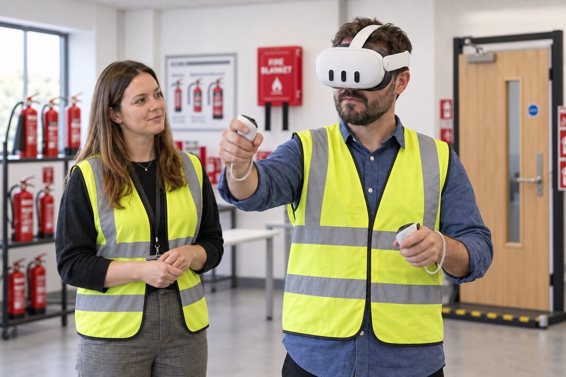 A learner using a VR headset in a room equipped with fire extinguishers and a fire blanket, with a trainer observing