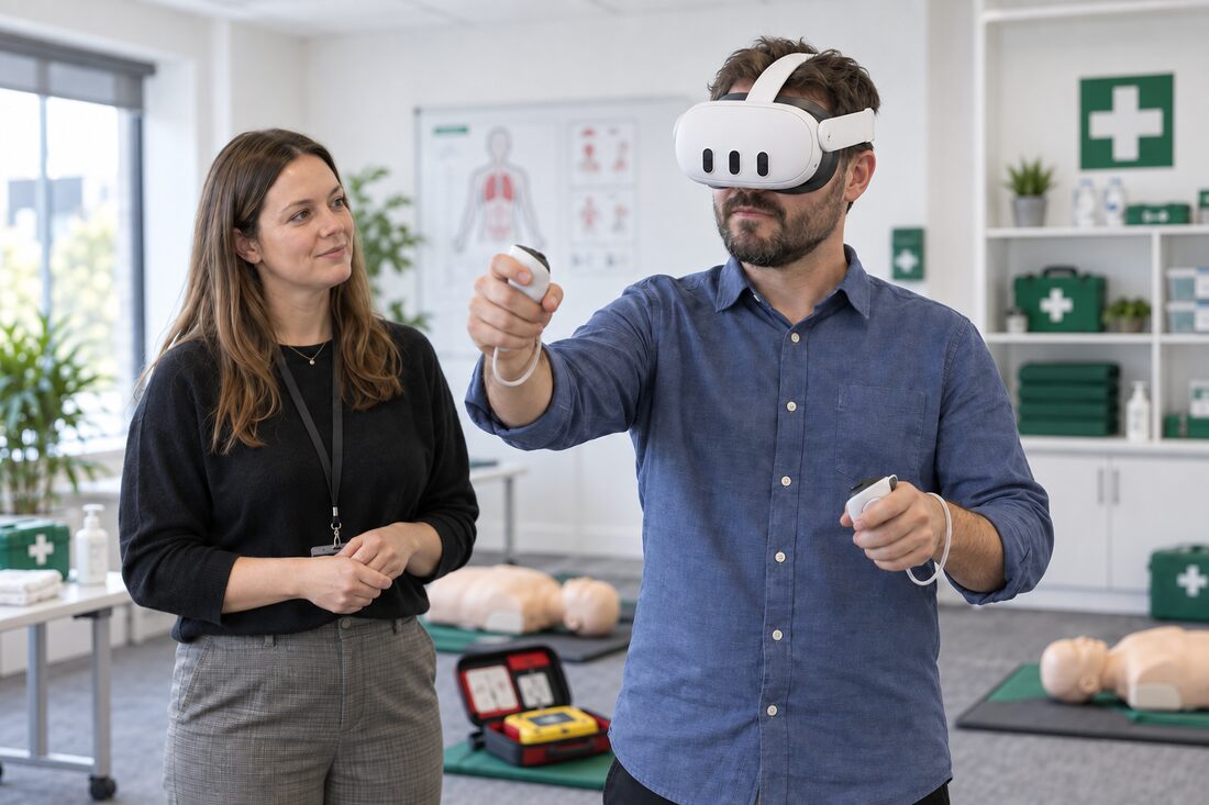 A learner using a VR headset in a first aid training room, with CPR manikins and a defibrillator nearby and a trainer observing