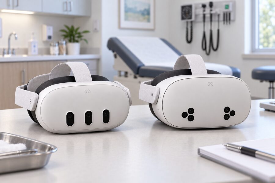 Meta Quest 3 and Meta Quest 3S headsets on a counter in a clinical training room