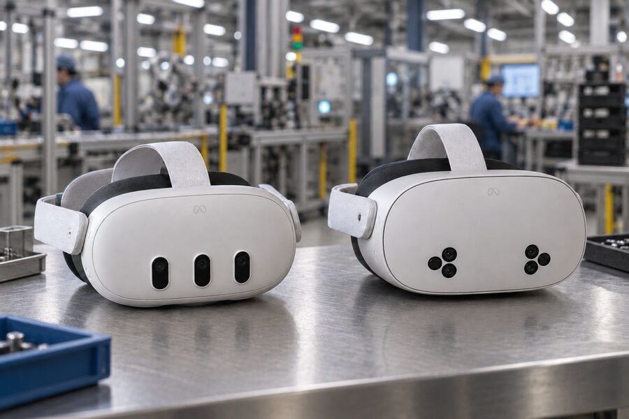 Meta Quest 3 and Meta Quest 3S headsets on a workbench in a factory setting