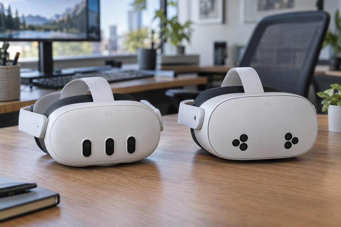 Meta Quest 3 and Meta Quest 3S headsets and controllers, the recommended headsets for 4 HELP VR training, side by side on an office desk