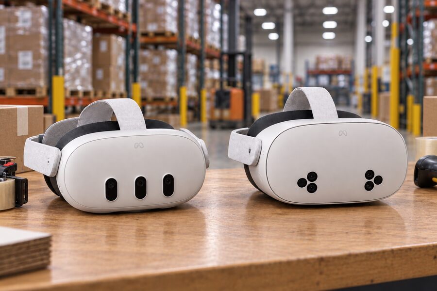 Meta Quest 3 and Meta Quest 3S headsets on a table in a warehouse setting