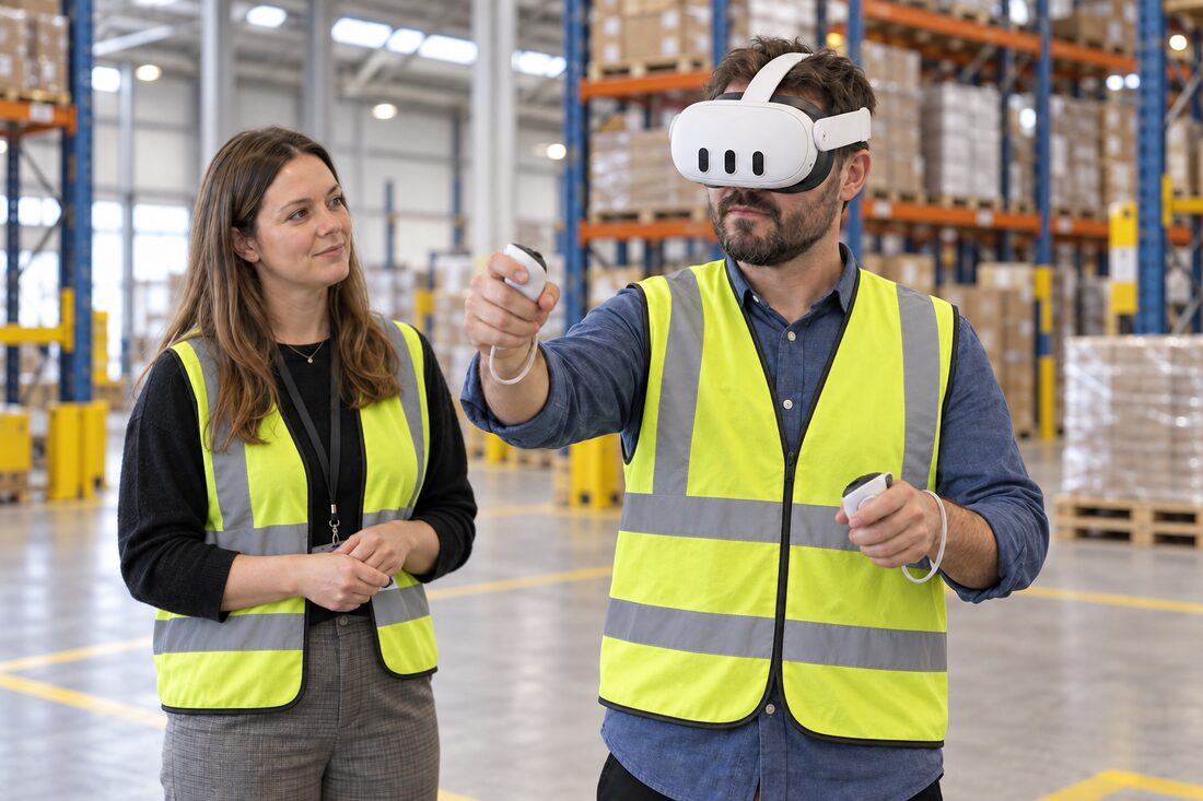 A learner wearing a VR headset in a warehouse, wearing a hi-vis vest, with a trainer observing