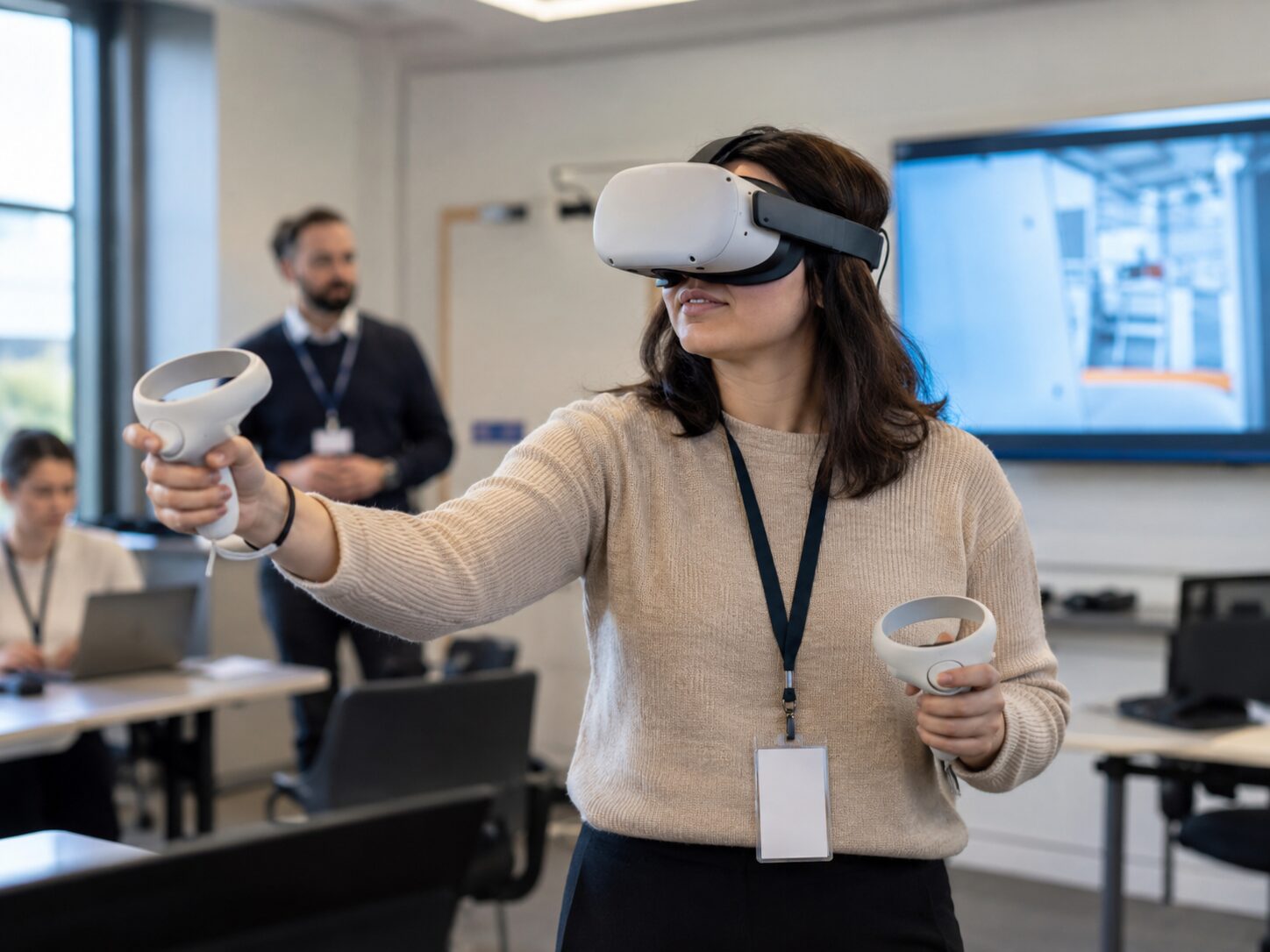 A learner wearing a VR headset and holding two controllers, actively taking part in a training scenario in an office training room, with a colleague looking on