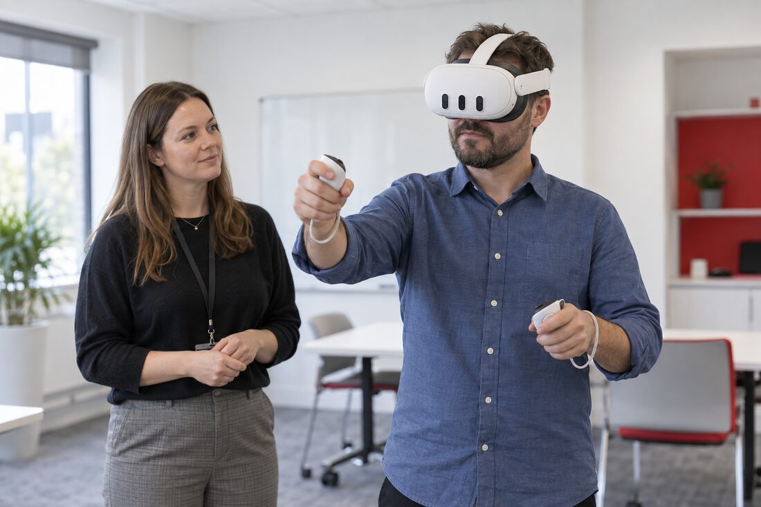 A learner wearing a VR headset during a training session in an office, with a colleague observing
