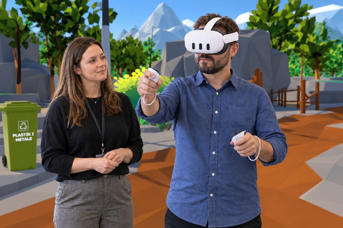 A composite illustration showing a learner in a VR headset with the immersive outdoor training scenario blended into view
