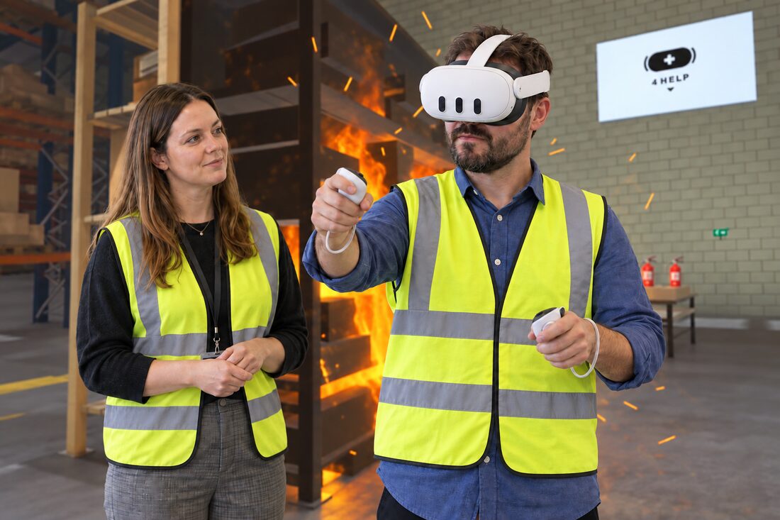 A composite illustration showing a learner in a VR headset with a simulated warehouse fire training scenario blended into view