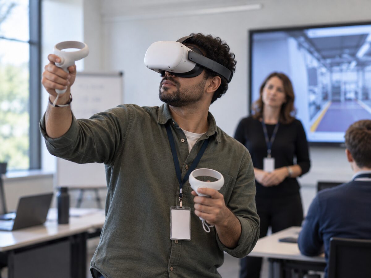 A learner wearing a VR headset and holding two controllers during a training session, with a trainer observing in the background